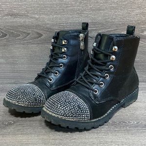 Tahari Studded Combat Boots Girls Size 2 Black Faux Leather Zip Up Side Zipper